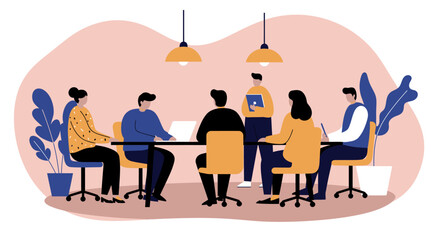 Team of professionals collaborating in a modern office meeting, brainstorming ideas for business strategy, project development, and teamwork.