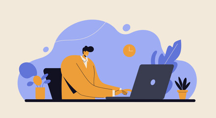 Fototapeta premium Young professional focused on his laptop, working efficiently in a modern, minimalist office. Perfect for business, productivity, remote work, or tech themes.