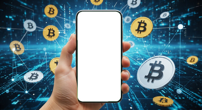 Hand holding a smartphone with a transparent screen and background of cryptocurrencies, bitcoin, ethereum Ideal for digital banking, online finance, money transfers, investment apps, cryptocurrencies,