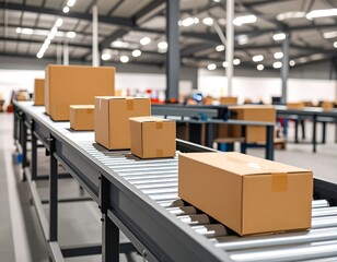 Cardboard boxes on a conveyor belt in a large warehouse