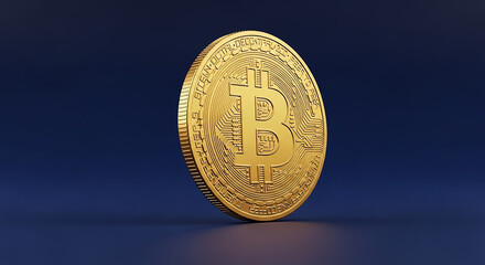 Rotating bitcoin gold coin on blue background representing cryptocurrency investment