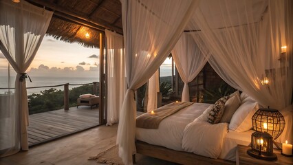 Bedroom with canopy bed overlooking ocean at sunset or sunrise