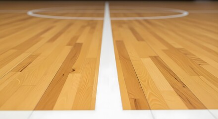 Wooden Basketball Court Floor with White Lines
