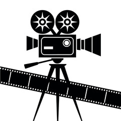 Obraz premium Vintage movie camera vector illustration for filmmaking and cinematography with film reel and tripod stand