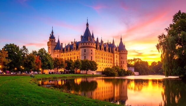 Majestic castle at sunset over a serene lake