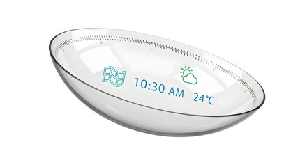 Futuristic smart contact lens concept with augmented reality display. Showcasing real-time digital information like time and weather