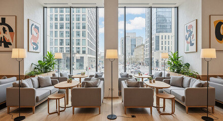 Fototapeta premium Modern cafe interior design with city view featuring stylish furniture and artwork
