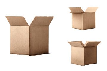 Three open cardboard boxes on transparent background.  Various angles shown, PNG