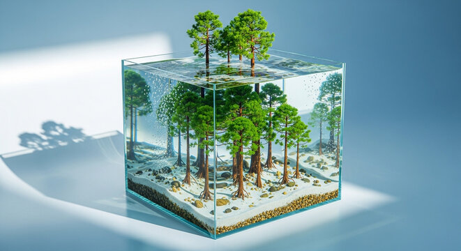 Modern Eco Concept with Forest Encased in a Glass Water Cube
