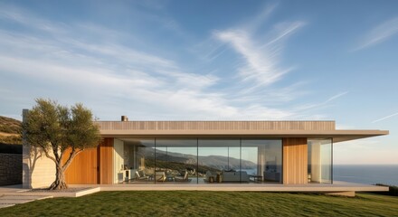 Obraz premium Coastal Modern Home with Expansive Glass Walls and Ocean View