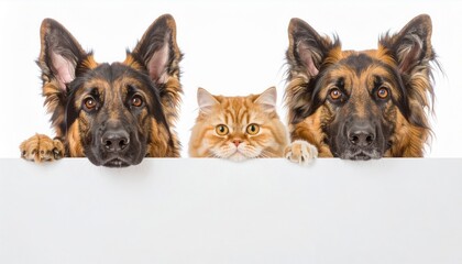 Two Persian cats and two German Shepherd dogs peeking over a white blank board.