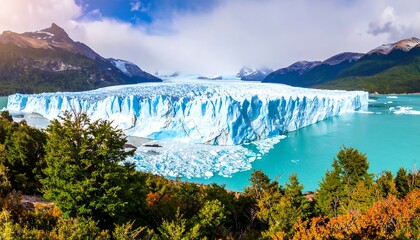 Panoramic view of a massive glacier in a turquoise lake, surrounded by mountains and forests, with vibrant colors and a bright sky