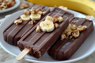 Chocolate banana popsicles on plate, topped with nuts and banana slices. Use it for recipe books, ads, or healthy dessert themed content.