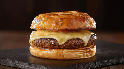 Juicy Grilled Burger with Melted Cheese on Toasted Brioche Bun Served on Slate Surface for Delicious Gourmet Experience