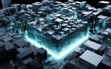 Futuristic cityscape with glowing cube representing advanced technology