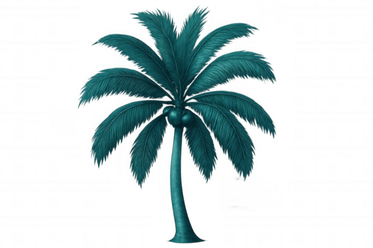 Teal-colored coconut palm tree isolated on a transparent background, perfect for tropical or summer-themed designs