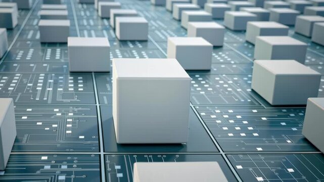 Serverless security cloud microservice grid with abstract cube network, modern data workflow calm and focused white cube technology data network grid
