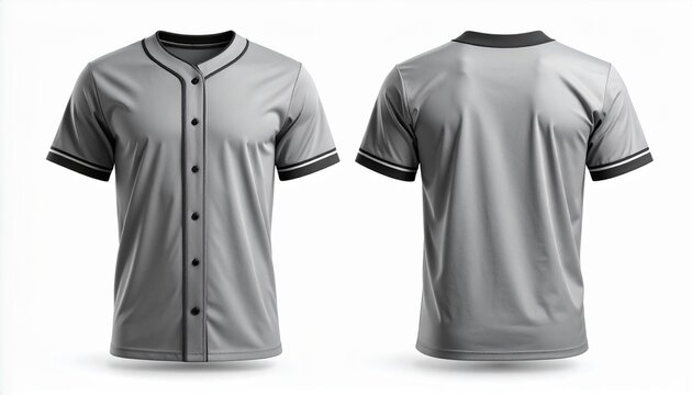 Front and back views of a gray baseball jersey with black and white stripes, Isolated images of a blank, gray baseball jersey for customization on a white background
