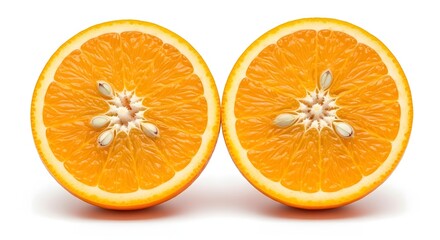 Halved Orange Fruit with Seeds on White Background