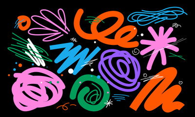 Colorful Hand-Drawn Scribbles and Doodles on Black Background