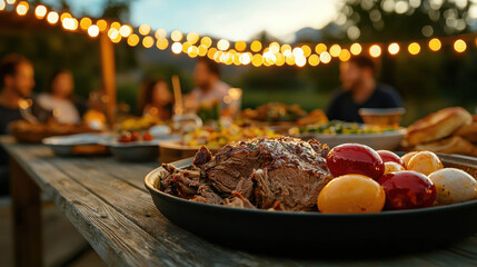 Warm outdoor dinner gathering with beautifully plated meat and colorful vegetables illuminated by string lights at sunset