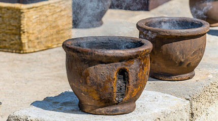 Vintage clay cooking pots with smoke rising, rustic pottery on stone surface, traditional kitchenware from ancient times, outdoor cooking scene