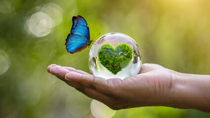 Hand Holding a Glass Orb with a Heart Shaped Tree Inside and a Blue Butterfly Landing on it Symbolizing Environmental Conservation and Harmony