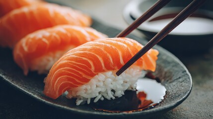Fresh salmon nigiri sushi lifted with bamboo chopsticks and dripping soy sauce