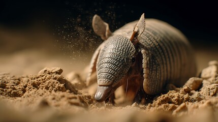 Armadillo digging enthusiastically in the sand, nose to the ground, foraging for insects and grubs