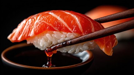 Fresh salmon nigiri sushi held by wooden chopsticks with soy sauce drop on black background