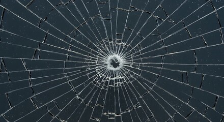 Obraz premium Close-up of a dark surface with a central impact point and numerous radiating cracks, resembling shattered glass or a broken screen.