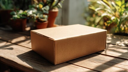 Light brown cardboard box with white lid on wooden table with sunlight