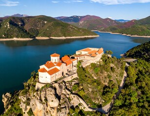 Panoramic view of a monastery perched atop a rocky hill overlooking a serene lake