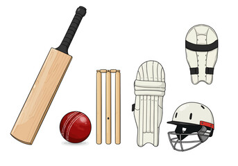 Cricket Equipment Set: Bat, Ball, Wicket, Pads, and Helmet