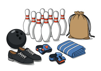 Bowling Equipment Set: Ball, Pins, Shoes, Bag, Towel, and Wrist Supports
