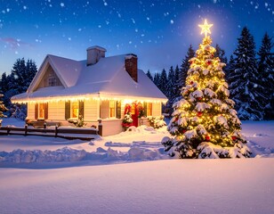 Fototapeta premium A cozy, snow-covered house adorned with Christmas lights