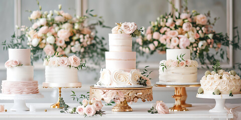 Elegant tiered wedding cakes adorned with delicate flowers and greenery create a beautiful dessert display.