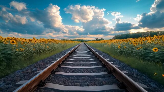 Scenic Railroad Tracks Through Sunflower Fields Under Cloudy Sky Aisle Vision