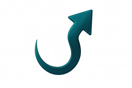 Glossy teal arrow curves upwards on a transparent background, symbolizing growth, progress, and upward trends