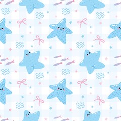 Funny Starfish Booty Pattern Cute Ocean Themed Background with Pink Bows and Sea Creatures
