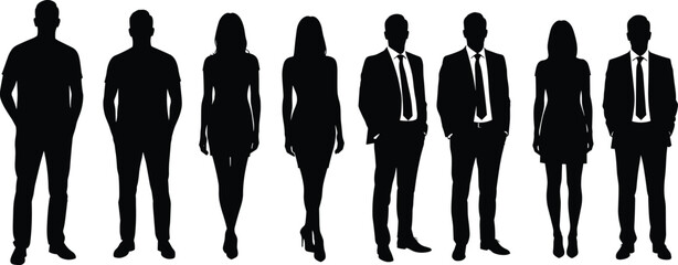 Silhouettes of Casual and Business People, Men and Women Standing in Various Poses, Isolated on White for Design and Concept Art
