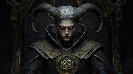 Mysterious figure seated on a dark throne with striking features, glowing eyes, and elaborate attire in a fantasy-themed ambiance