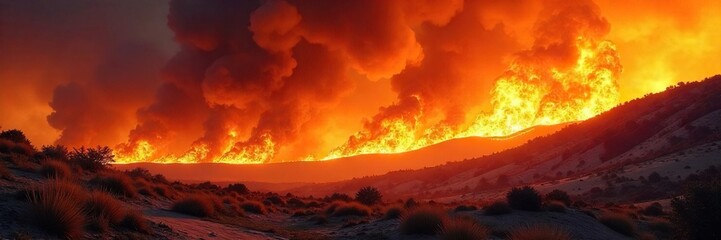 Fiery inferno engulfing a landscape, intense heat and destructive power depicted in vibrant oranges and yellows A chaotic scene of uncontrolled burning , intense, destruction, heat