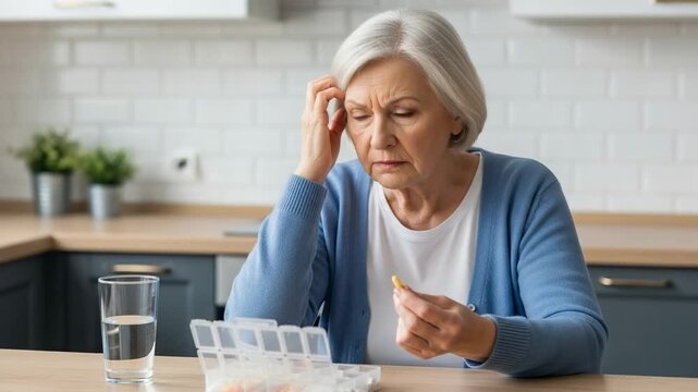 Elderly woman with a headache looking confused at her daily medication. Senior lady sitting at the kitchen table with a pill organizer and water.