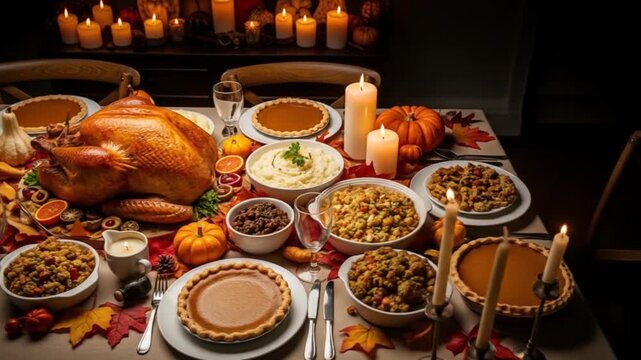 Thanksgiving feast video: Roasted turkey, pumpkin pie, candles, and autumn leaves on a festive table
