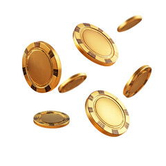 flying golden casino chips isolated on transparent white background, clipping path