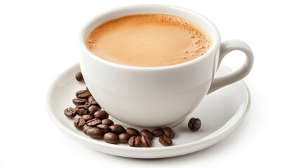 White coffee cup with coffee beans