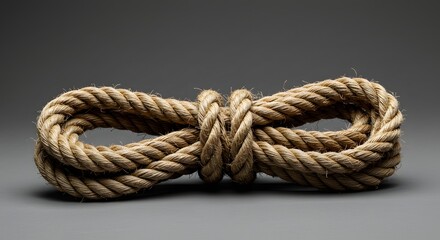 Fototapeta premium Close-up view of a tied rope knot on a neutral background, showcasing texture and craftsmanship