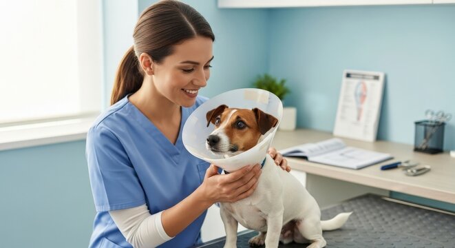 A veterinarian examines a dog wearing a protective collar in a veterinary clinic setting.