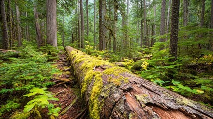 Fototapeta premium Fallen log in a lush forest. Moss-covered log stretches across a vibrant undergrowth of ferns and greenery. Tall, towering trees line the path